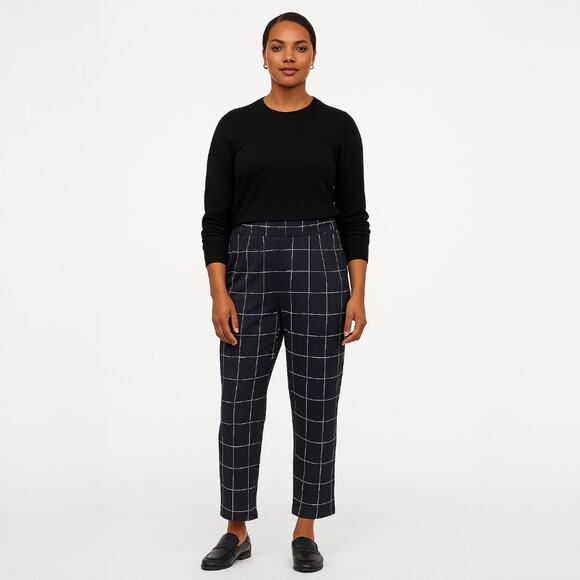 A293-B • Navy High-Rise Plaid Ankle Windowpane Knit Trousers Pants - Picture 1 of 6